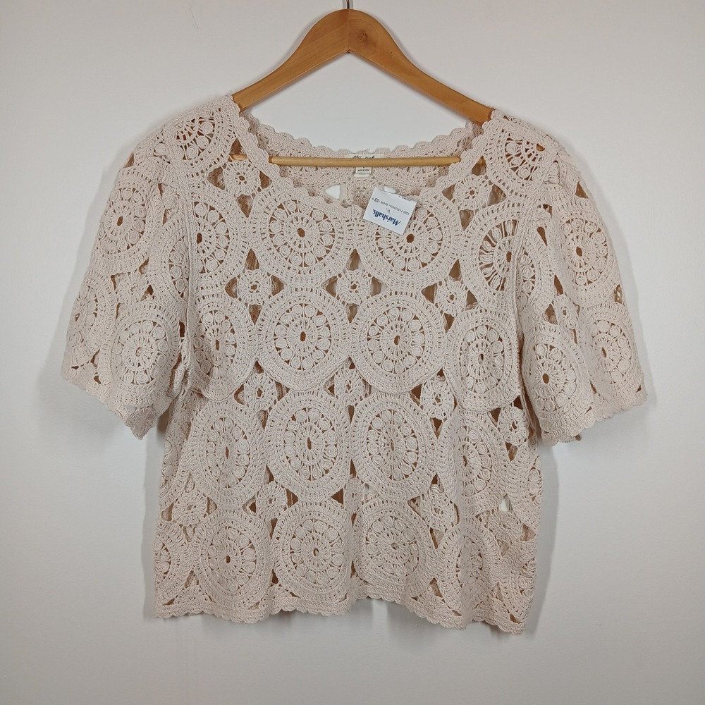 NWT Ultra Pink Blouse Women L Cream Cottagecore Boho Cotton Crochet Short Sleeve